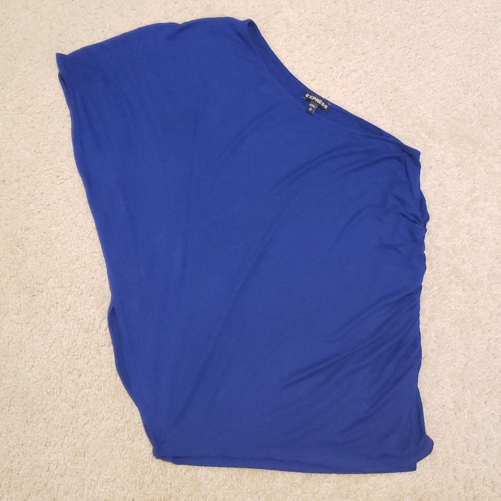 Express blue one shoulder / off shoulder ruched top